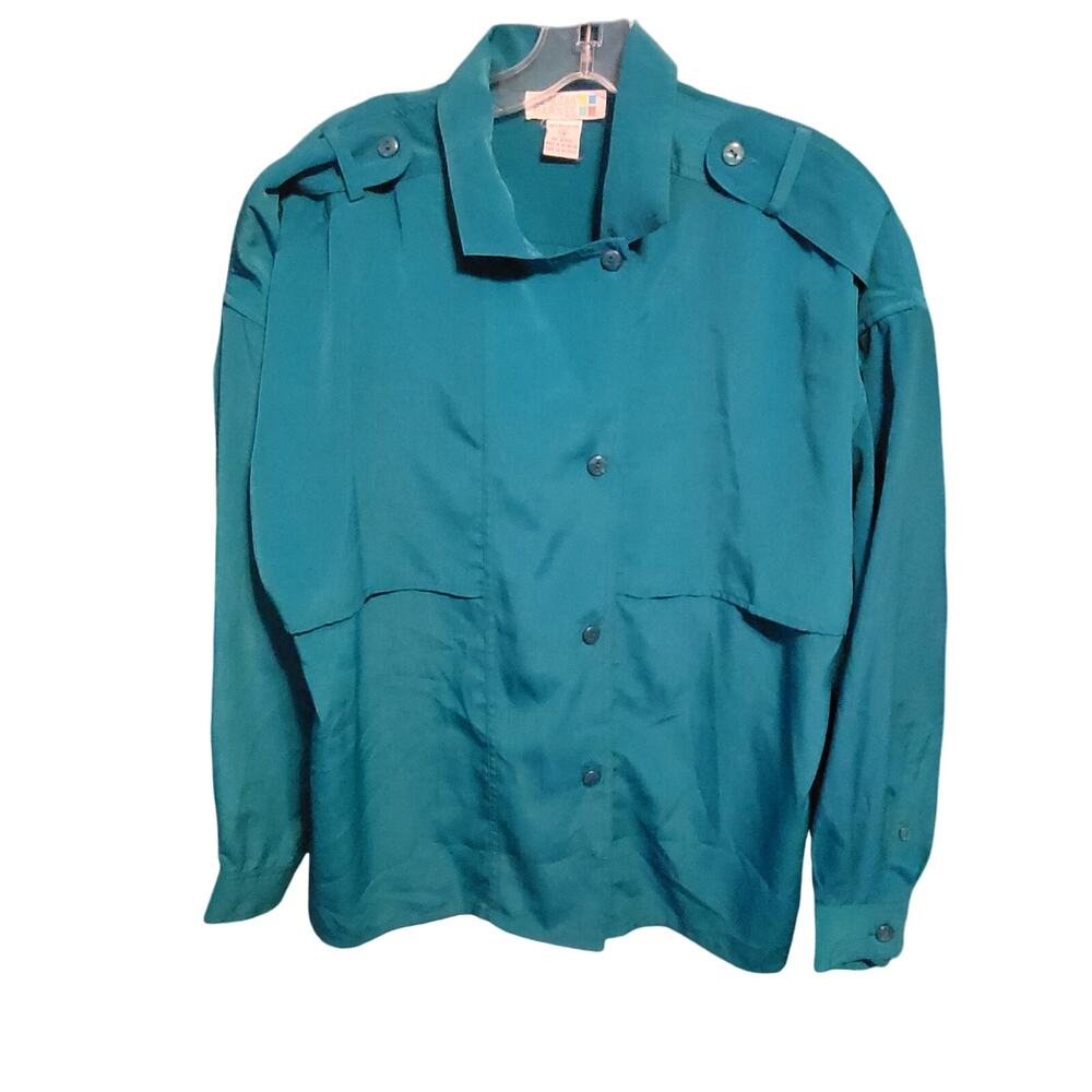 Vintage Claudia Barnes Teal Blue Long Sleeve‎ Blouse - Women's Size 14 80s Boho